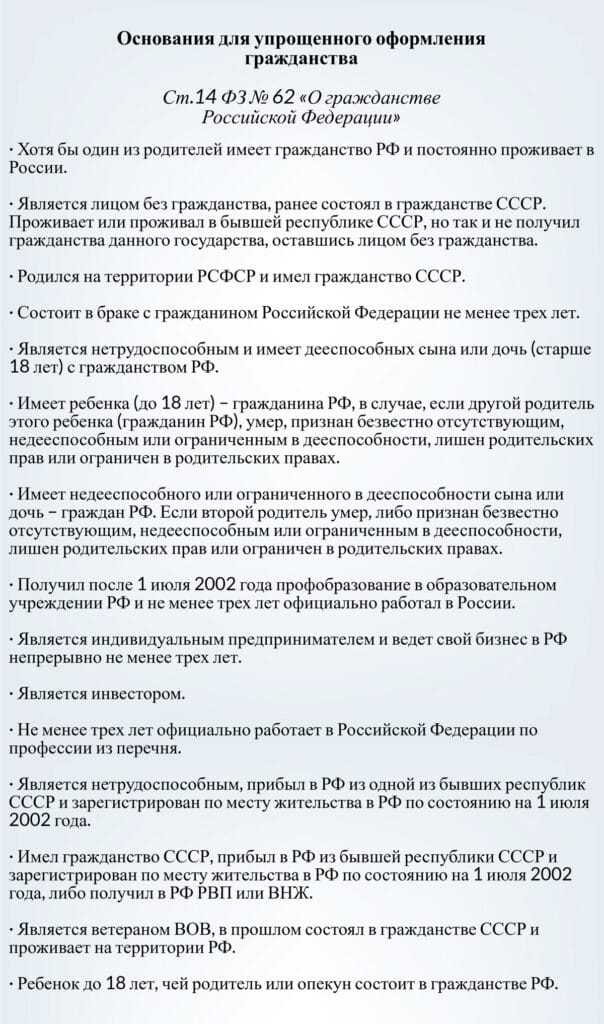 Список оснований для гражданства РФ