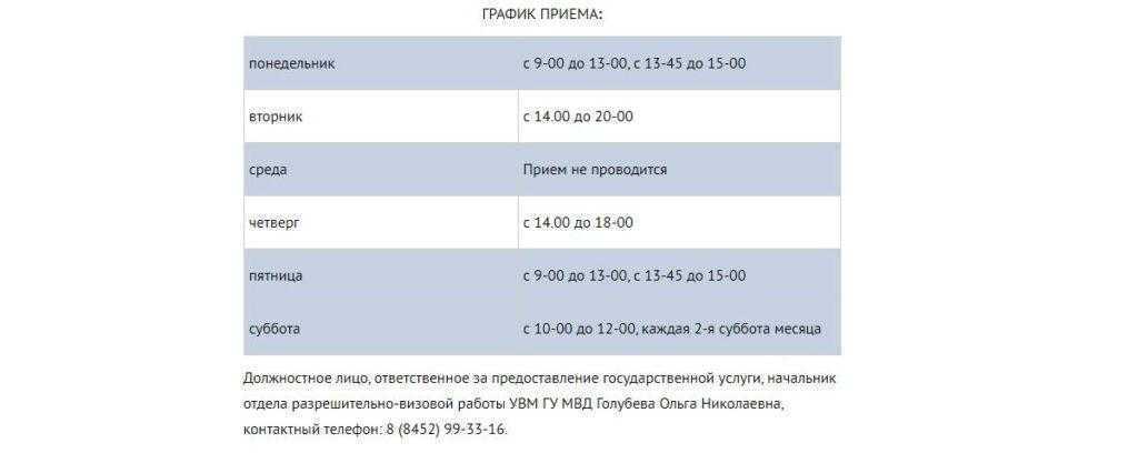 Скрин графика приема отдела разрешительно-визовой работы УВМ по Саратовской области